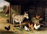 Edgar Hunt Famous Paintings - Donkey, Hens and Chickens in a Barn